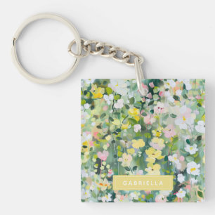 Porte-clés Fleurs de prairie verte jaune Nom personnalisé