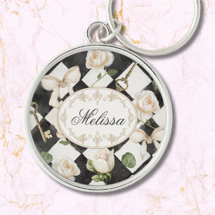 Porte-clés Fleurs de rose vintage en diamant noir et blanc Mo