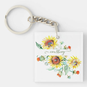 Porte-clés Fleurs de soleil aquarelles personnalisées