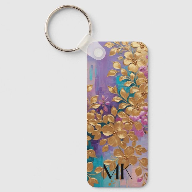 Porte-clés Fleurs D'Or Peintes Sur Lilac Rose Turquoise (Recto)