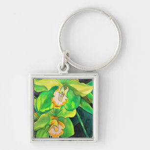 Porte-clés Fleurs d'orchidées vertes et jaunes art