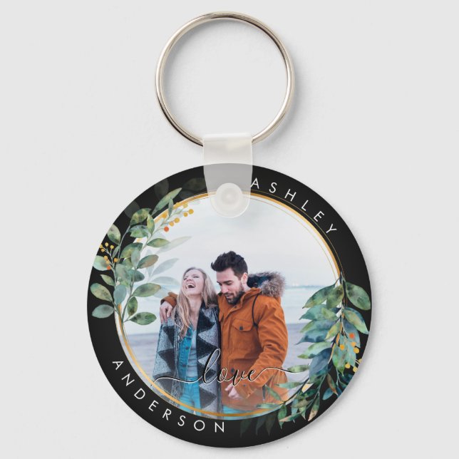 Porte-clés Fleurs dorées Botanique Vert Couple Aquarelle (Recto)