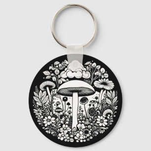 Porte-clés Fleurs et champignons noirs et blancs Vintages