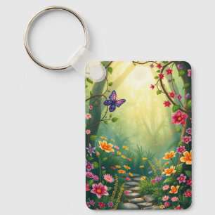 Porte-clés Fleurs et papillon dans une forêt tropicale enchan