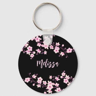 Porte-clés Fleurs florales de cerisier rose noir