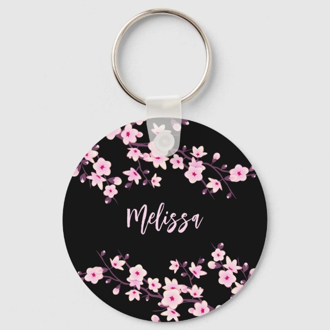 Porte-clés Fleurs florales de cerisier rose noir (Recto)