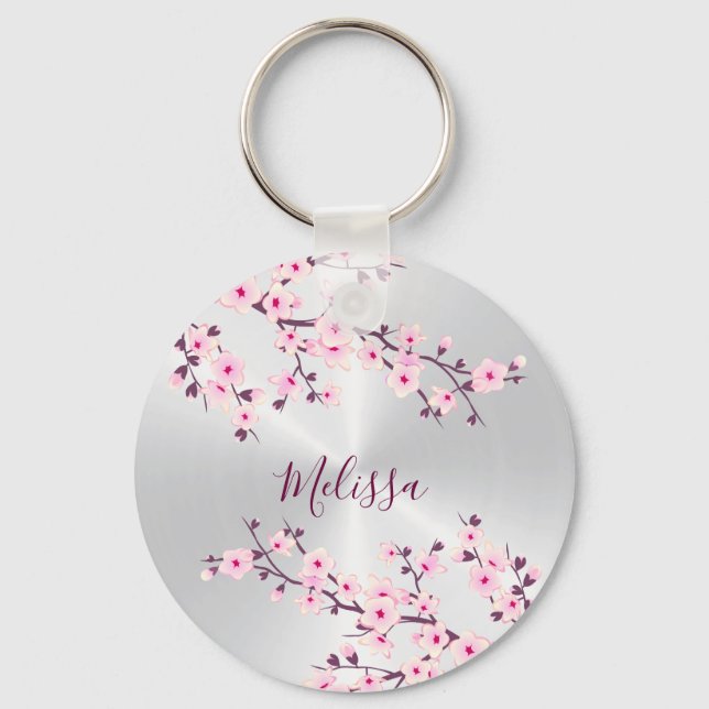 Porte-clés Fleurs florales de cerisiers Argent rose (Recto)