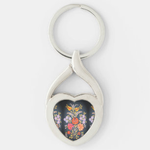 Porte-clés fleurs hongroises -couleurs vives en forme de cœur