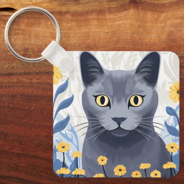 Porte-clés Fleurs Jaunes Chat Bleu Russe (Recto)