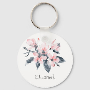 Porte-clés Fleurs rose et gris Aquarelle classique