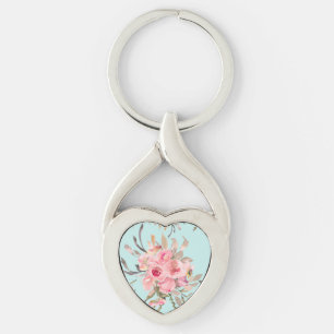Porte-clés Fleurs rose pâle sur bleu clair