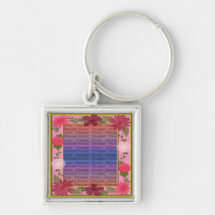 Porte-clés Fleurs roses Carré personnalisé Porte - clé argent