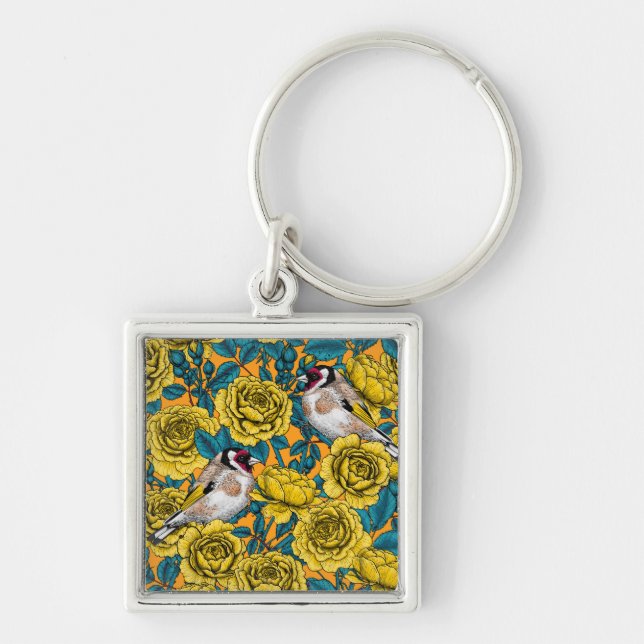 Porte-clés Fleurs roses et oiseaux dorés (Devant)