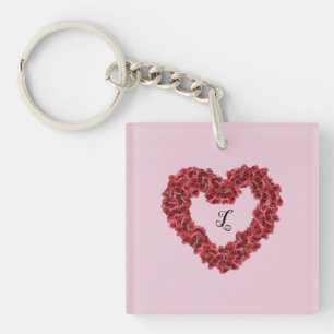 Porte-clés Fleurs rouges Coeur avec Monogramme Floral