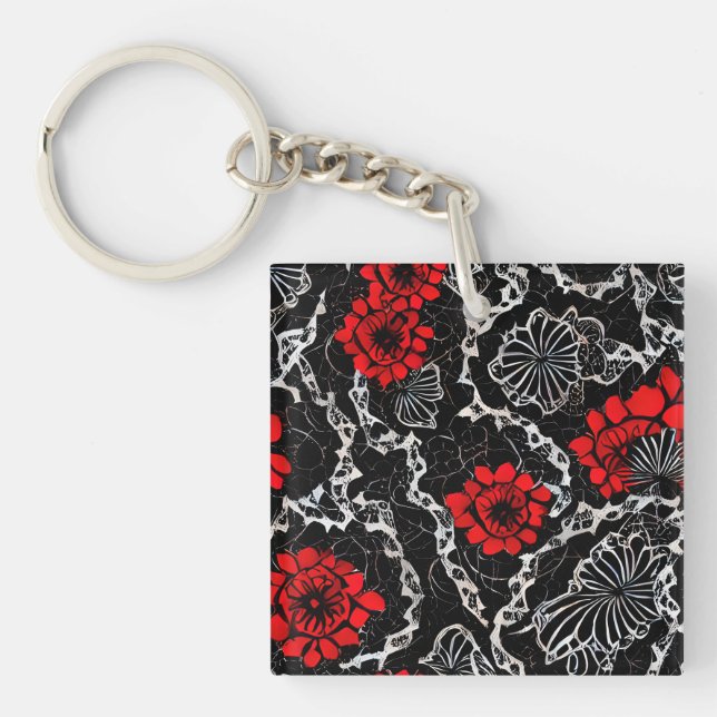 Porte-clés Fleurs rouges et dentelle noire Motif sans couture (Devant)
