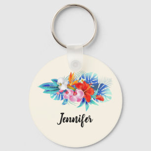 Porte-clés Fleurs tropicales exotiques en rose et turquoise