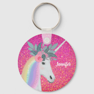 Porte-clés Fleurs Unicorne mignonnes Parties scintillant rose
