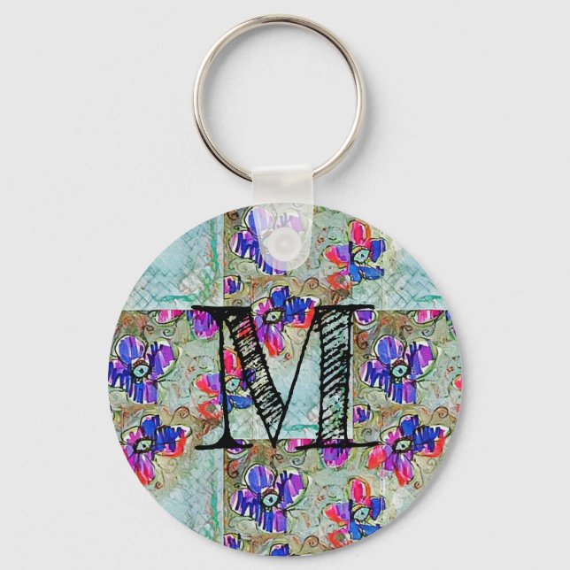 Porte-clés Fleurs violettes et bleues Carrés Zigzags (Recto)