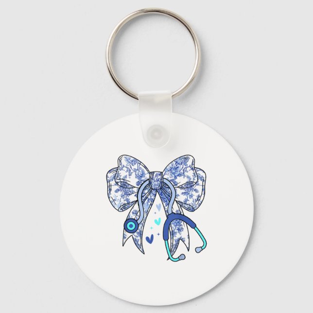Porte-clés Floral Blue Coquette Bow Nurse Stethoscope Medical (Recto)