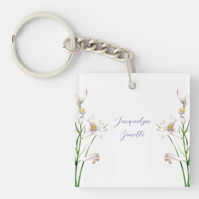 Porte-clés Floral Elegant Chic Cute Calligraphie Ajouter Nom (Devant)