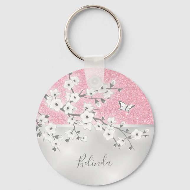 Porte-clés Floral Fleurs de cerisier Parties scintillant rose (Recto)