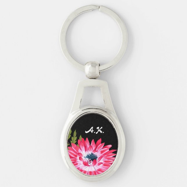 Porte-clés Floral rose et noir chic avec Initiales Monogramme (Devant)