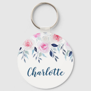 Porte-clés Floral rose Roses Aquarelle Nom personnalisé