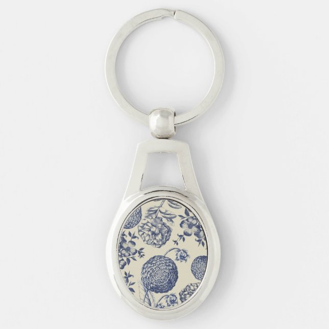 Porte-clés Flore d'impression florale de fleurs bleues antiqu (Devant)