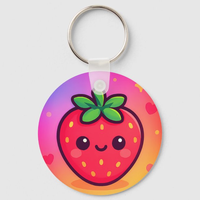 Porte-clés Fraise Kawaii souriante sur Pastel Gradient Backg (Recto)