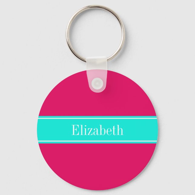 Porte-clés Framboise solide, Ribbon Aqua brillant Nom Monogra (Recto)
