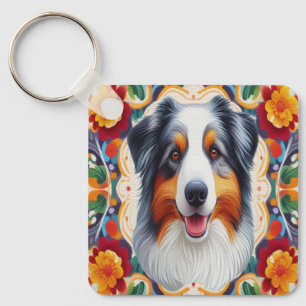 Porte-clés Frontière colorée fleurie du chien berger australi