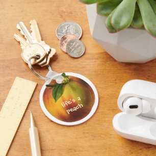 Porte-clés Fruit vintage, Pêche biologique mûre à la feuille