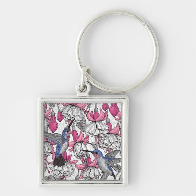 Porte-clés Fuchsia et colibris blancs (Devant)