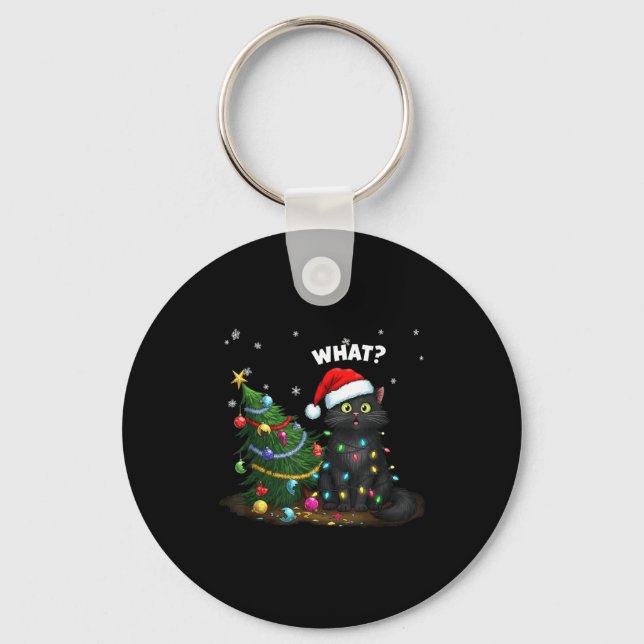 Porte-clés Funny Black Cat Pushing Christmas Tree  (Recto)