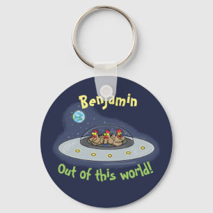 Porte-clés Funny chickens in flying saucer cartoon keychain
