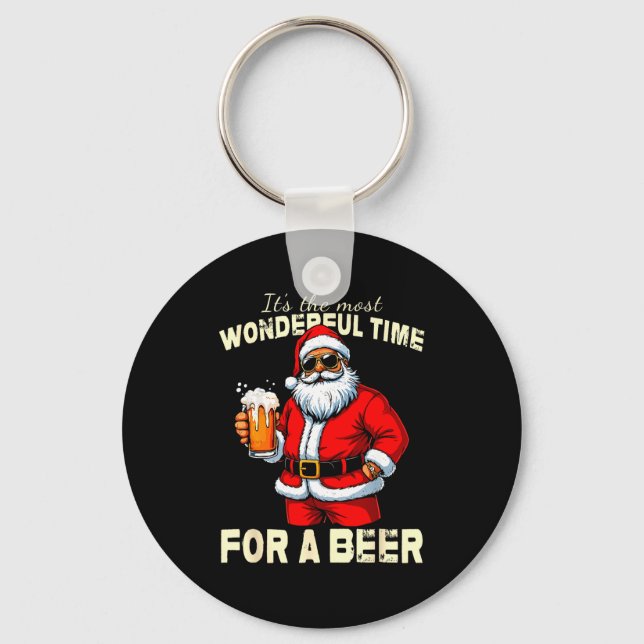 Porte-clés Funny Christmas Santa Drinking Beer Wonderful Time (Recto)