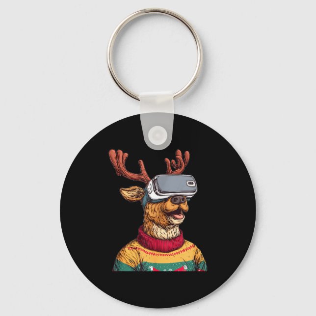 Porte-clés Funny Reindeer In Christmas Sweater And Vr Headset (Recto)