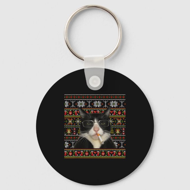 Porte-clés Funny Smoking Cat Meme Christmas Ugly Sweater Cat  (Recto)
