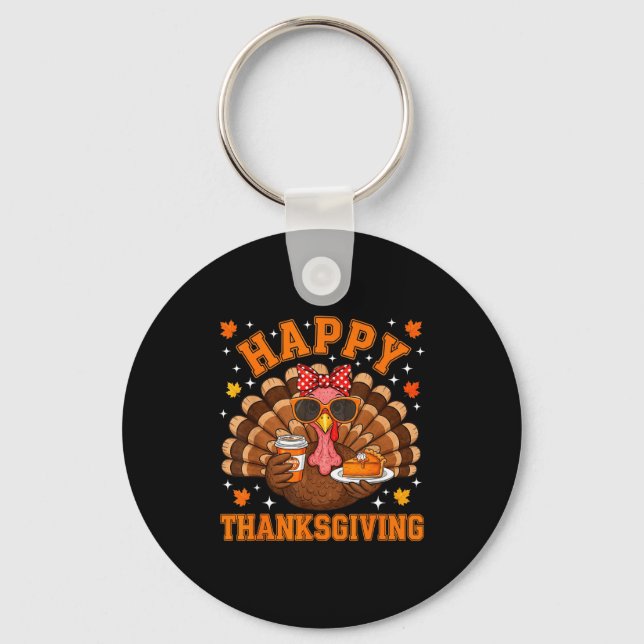 Porte-clés Funny Turkey Drinking Coffee Thanksgiving Bow Girl (Recto)