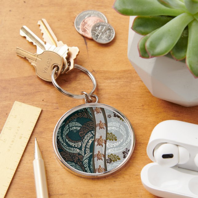 Porte-clés Fusion Hawaiian Tapa avec Honu et Monstera (Bureau)