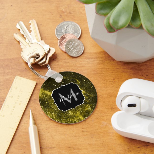 Porte-clés Galaxie abstraite noire jaune foncé Monogram Ping  (Bureau)