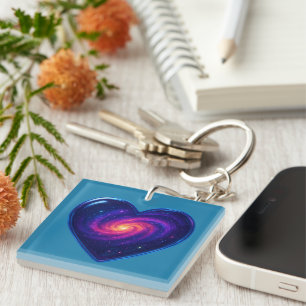 Porte-clés Galaxie dans un cœur de verre