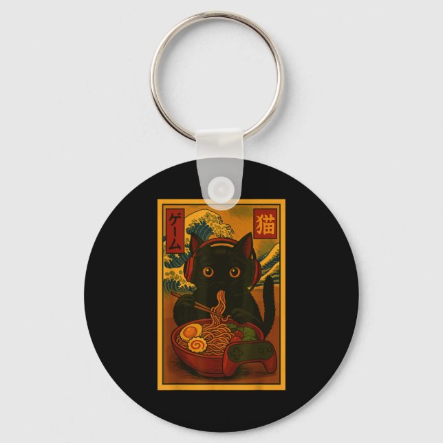 Porte-clés Gamer Cat Eating Ramen Japanese Style  (Recto)