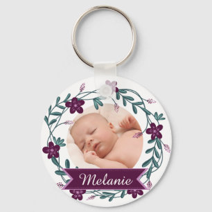 Porte-clés Gardien photo moderne violet fleuri couronne bébé