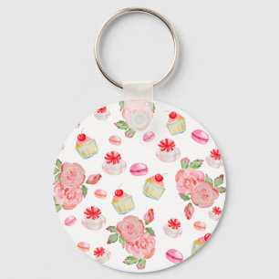 Porte-clés Gâteaux sucrés et roses en aquarelle