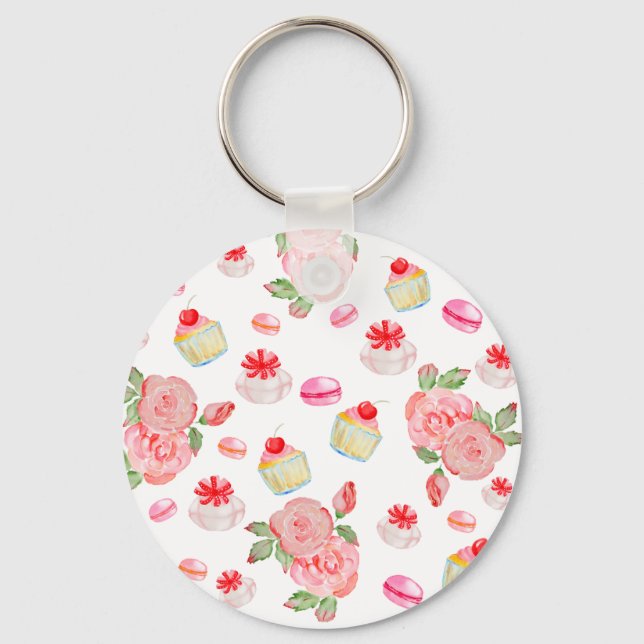 Porte-clés Gâteaux sucrés et roses en aquarelle (Recto)