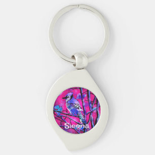 Porte-clés Geai bleu arbre branche rose personnalisé