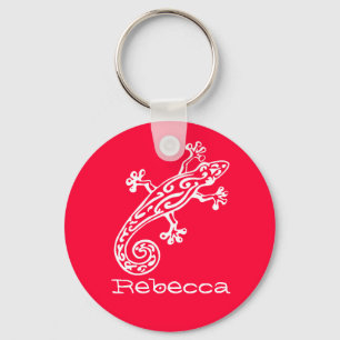Porte-clés Gecko reptile white & red named keychain
