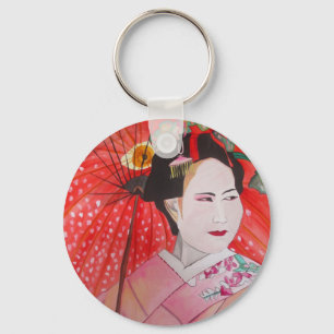 Porte-clés Geisha japonais avec parapluie rouge art original