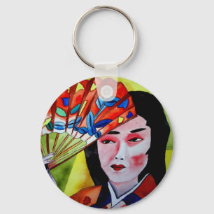 Porte-clés Geisha japonais avec ventilateur aquarelle origina